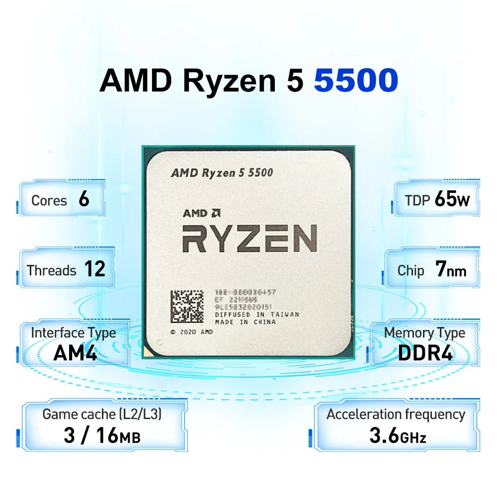 AMD Ryzen 5 5500 6-Core 12-Thread L3=16M 3.6GHz Gaming Processor 65W 7NM R5 5500 DDR4 Socket AM4 No Fan