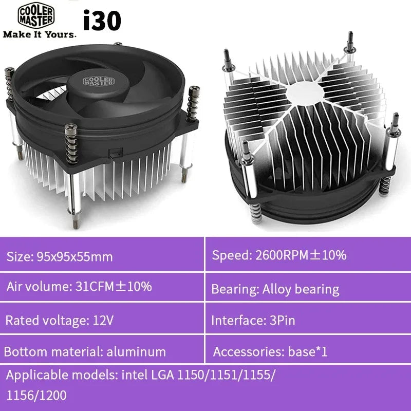 Cooler Master i50C CPU Cooler 95mm 3Pin 2600RPM Silent Fan for intel LGA 1200 115X 1151 1155 1156 Processor Radiator