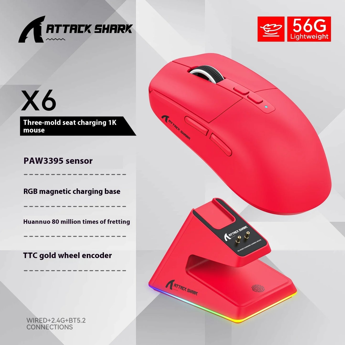 Attack Shark X6 Tri Mode Wireless Bluetooth Mouse Lightweight Mouse PAW3395 Esports Games Equipped With A Rechargeable Rgb Base
