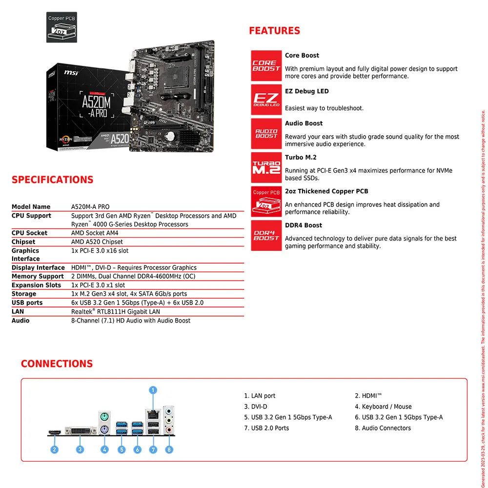 MSI AMD A520M-A PRO Motherboard Support Ryzen CPU R3 R5 R7 5000 & 3000 Series Mainboard AM4 M.2 NVME Dual Channel DDR4 Full New