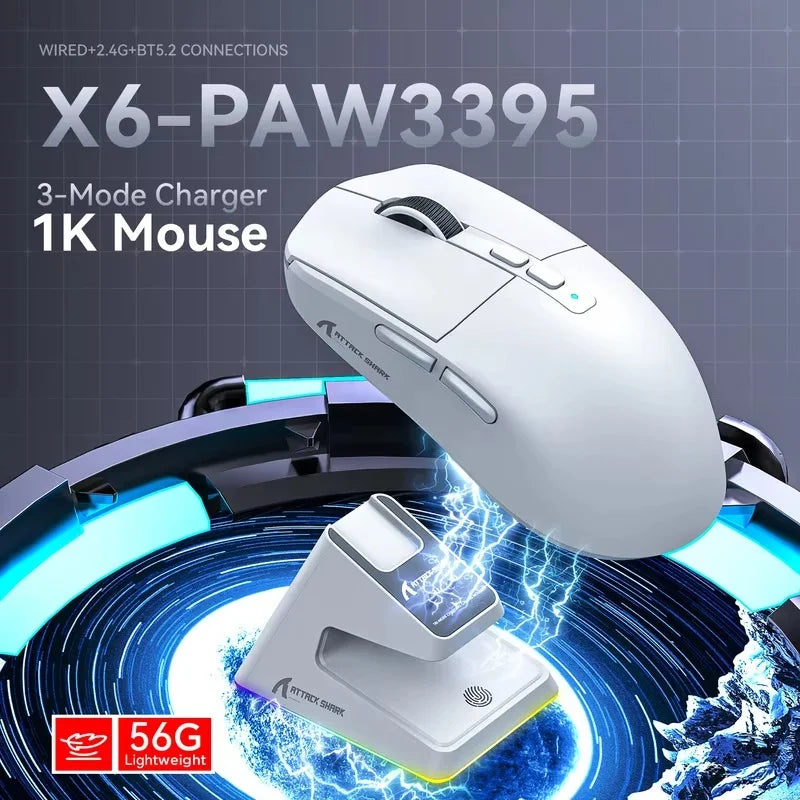Attack Shark X6 Tri Mode Wireless Bluetooth Mouse Lightweight Mouse PAW3395 Esports Games Equipped With A Rechargeable Rgb Base