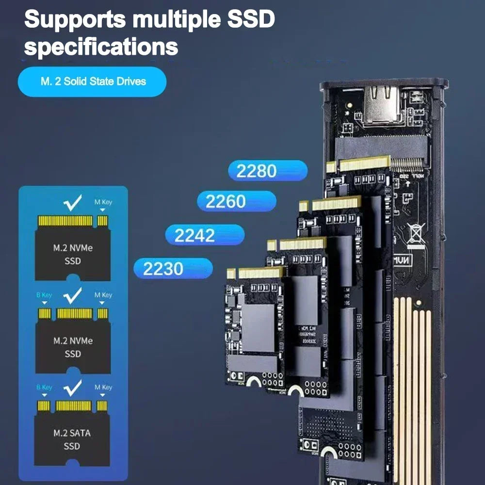 NVME M.2 Solid State Drive External Enclosure 2230/2242/2260/2280 M.2 to USB C 10Gbps SSD Aluminum Case Type A+C for M/M+B Key