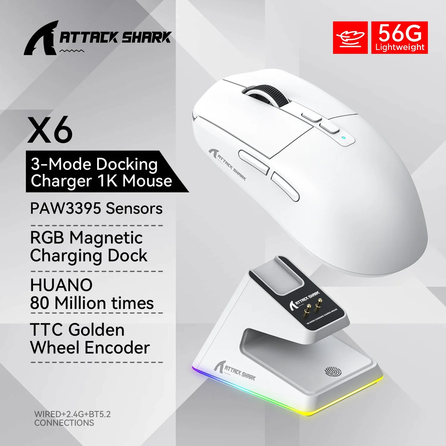 Attack Shark X6 Tri Mode Wireless Bluetooth Mouse Lightweight Mouse PAW3395 Esports Games Equipped With A Rechargeable Rgb Base
