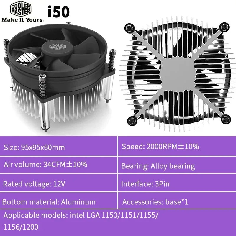 Cooler Master i50C CPU Cooler 95mm 3Pin 2600RPM Silent Fan for intel LGA 1200 115X 1151 1155 1156 Processor Radiator