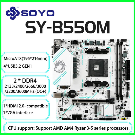 SOYO AMD B550M Gaming Motherboard USB3.1 M.2 Nvme Sata3 DDR4 Dual Channel Supports RYZEN R3 R5 R7 3000 4000 5000 CPU AM4 Socket
