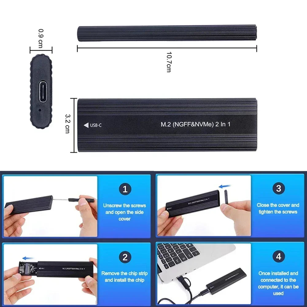 NVME M.2 Solid State Drive External Enclosure 2230/2242/2260/2280 M.2 to USB C 10Gbps SSD Aluminum Case Type A+C for M/M+B Key