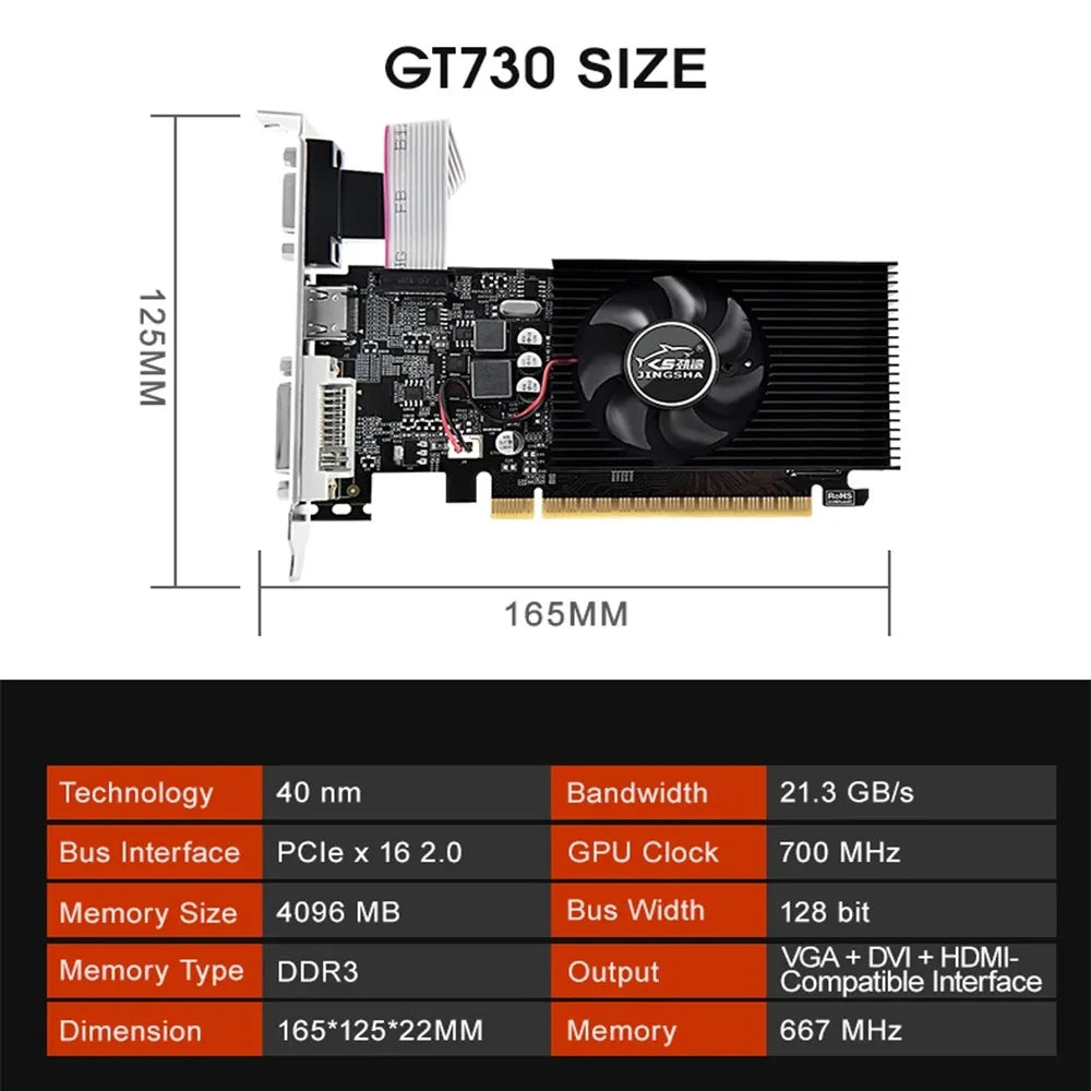 GT730 4GB Video Card 64Bit DDR3 With HDMI VGA DVI Port Nvidia Graphics Card PCIE X16 2.0 GT730 GPU Desktop Computer