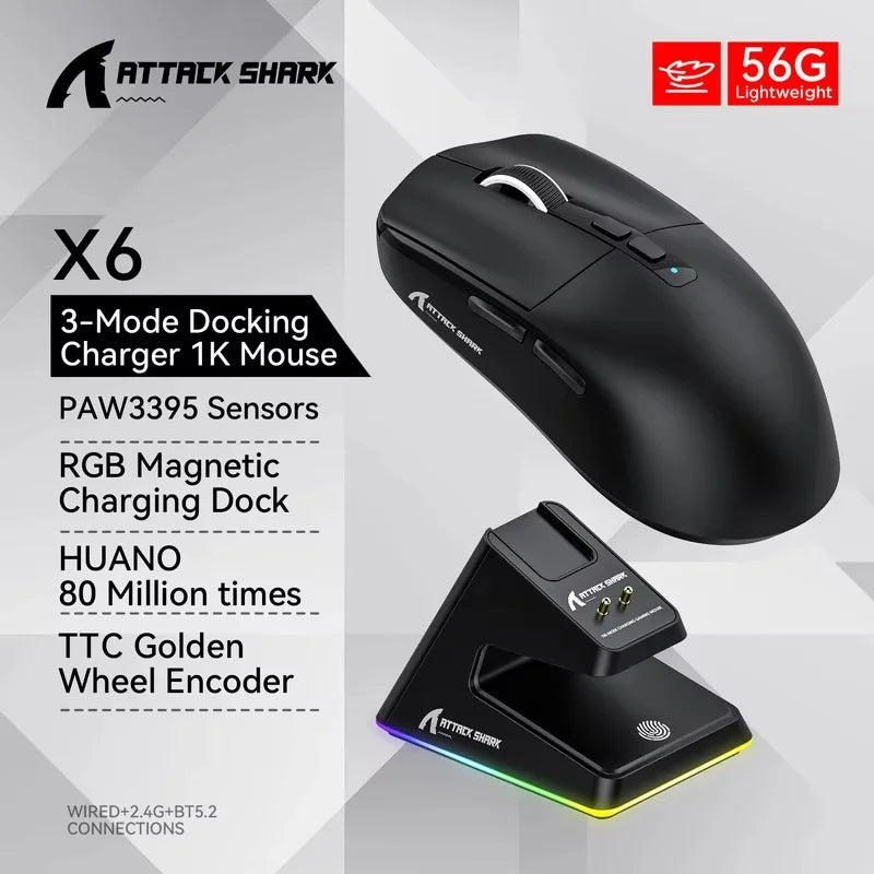Attack Shark X6 Tri Mode Wireless Bluetooth Mouse Lightweight Mouse PAW3395 Esports Games Equipped With A Rechargeable Rgb Base