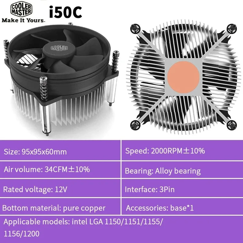 Cooler Master i50C CPU Cooler 95mm 3Pin 2600RPM Silent Fan for intel LGA 1200 115X 1151 1155 1156 Processor Radiator