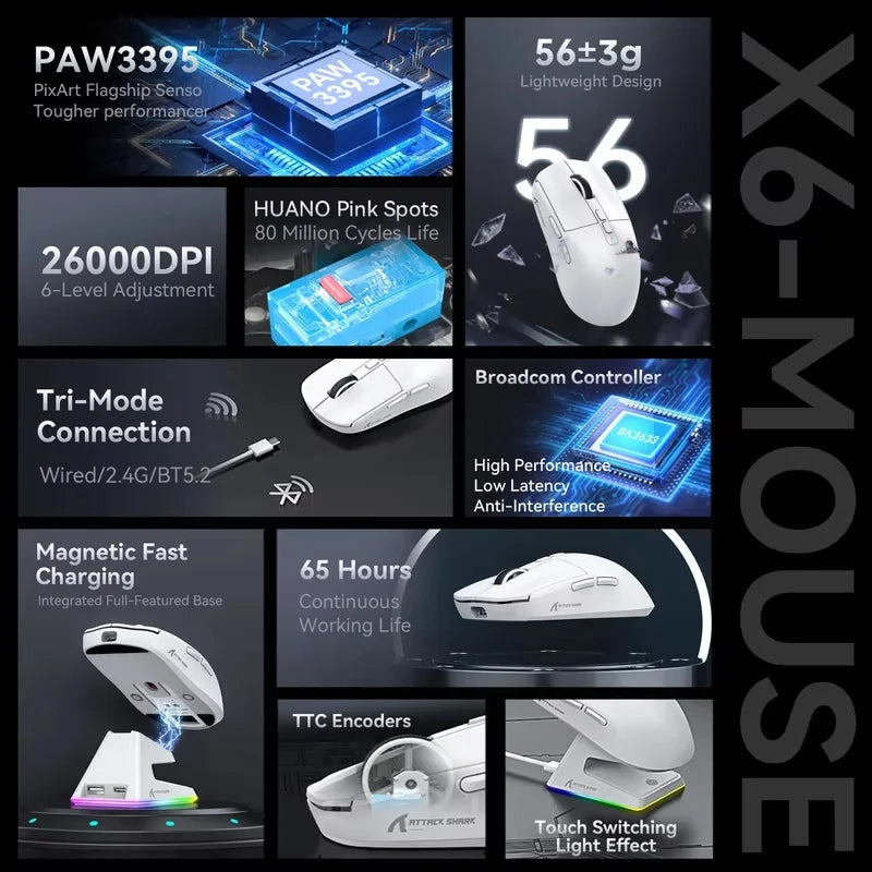 Attack Shark X6 Tri Mode Wireless Bluetooth Mouse Lightweight Mouse PAW3395 Esports Games Equipped With A Rechargeable Rgb Base